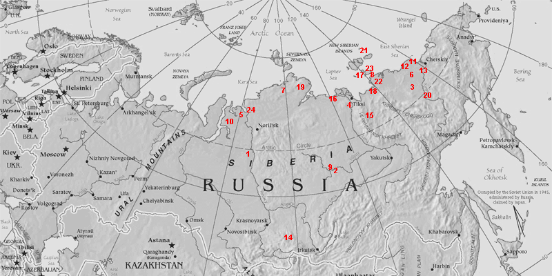 Карта находок костей мамонтов в Северо-Восточной Сибири