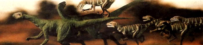 Группа плотоядных динозавров (дромеозавров) преследует травоядного (тесцелозавра).